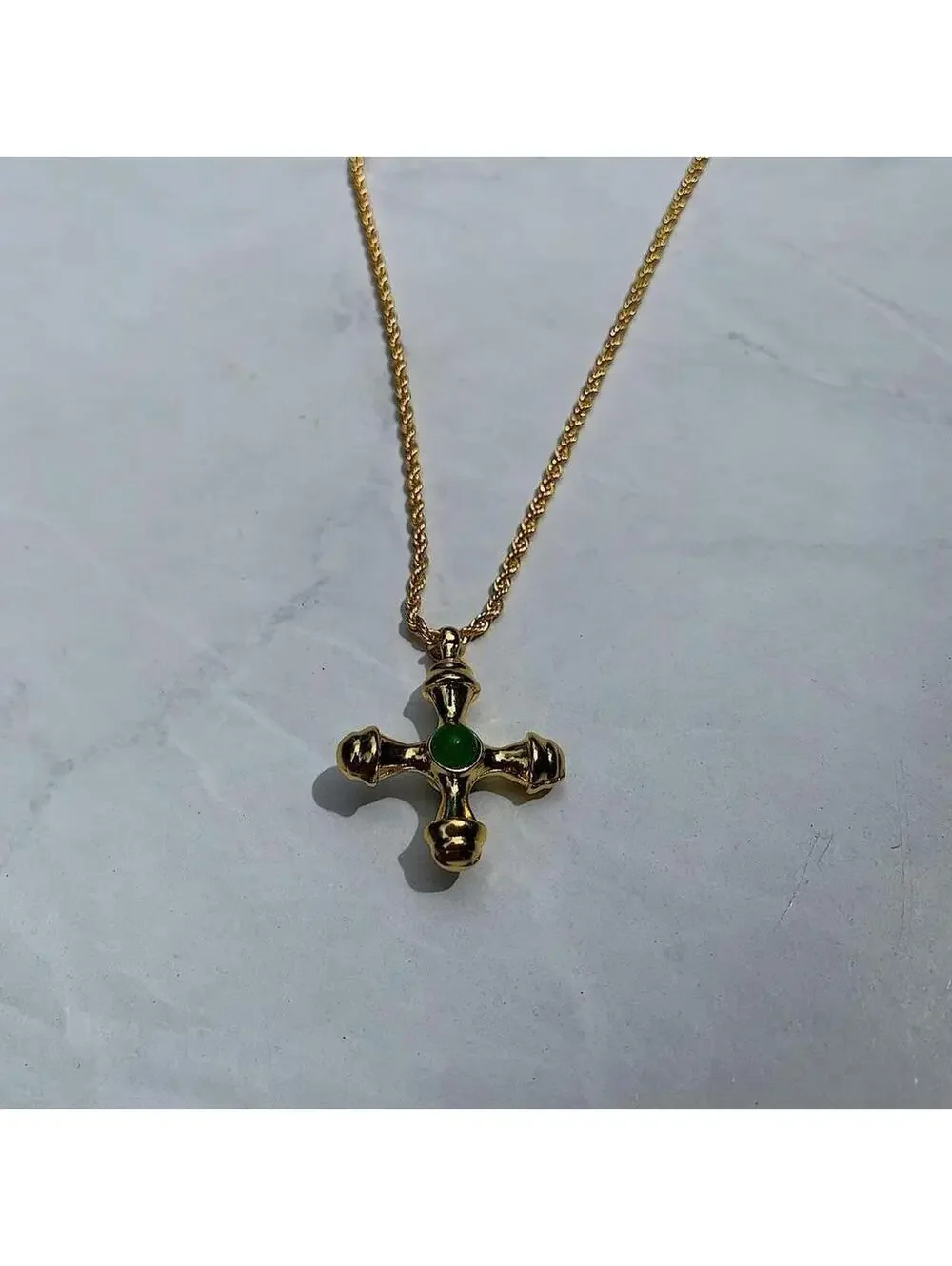 Futuristic Cross Star Green Opal Pendant Gold Rope Chain Necklace. Stainless